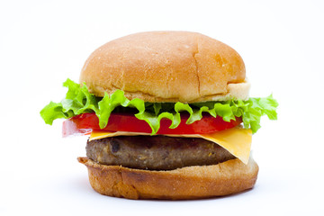 close-up view of a cheeseburger.