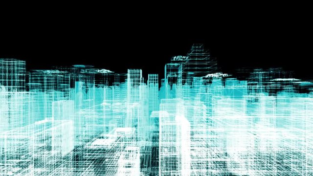 Seamless looping animation of a 3d city skyline, wireframe look