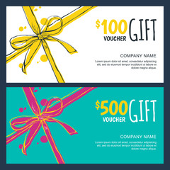 Vector gift vouchers with bow ribbons, white and blue backgrounds. Creative holiday cards or banners. Design concept for gift coupon, invitation, certificate, flyer, ticket. - obrazy, fototapety, plakaty
