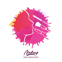 Female face and makeup tools on watercolor splash background. Vector beauty logo or label design. Illustration of woman with brushes and lipstick. Concept for beauty salon, cosmetics, visage, makeup.