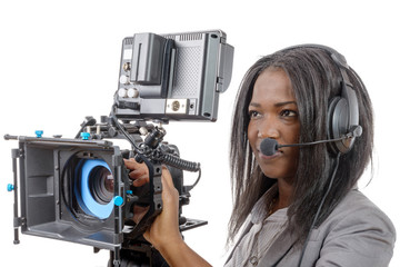 young African American women with professional video camera
