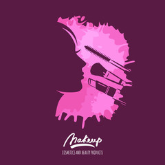 Woman face and makeup tools on watercolor splash background. Vector beauty logo or label. Illustration of female profile with brush and lipstick. Concept for beauty salon, cosmetics, visage, makeup.