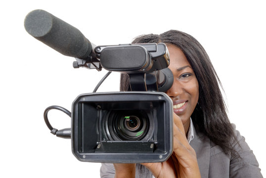 young African American women with professional video camera