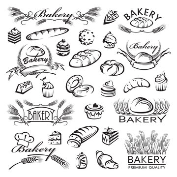 monochrome collection of bread and bakery products
