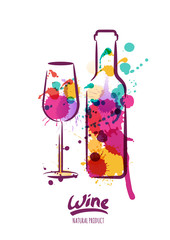 Vector watercolor illustration of colorful wine bottle and wine glass. Abstract watercolor background. Design concept for wine label, wine list, menu, party poster, alcohol drinks. - 109401446