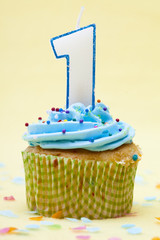 close-up image of a cupcake with birthday candle.