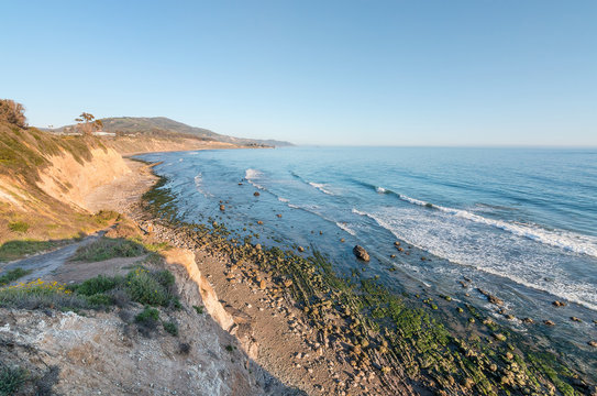 California Ocean Cliffs.  A cliff view of the Pacific ocean at low tide in Carpinteria, California.