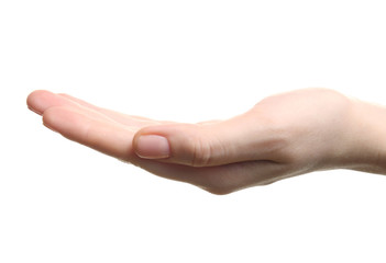 Open palm hand gesture on white background