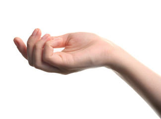 Open palm hand gesture on white background