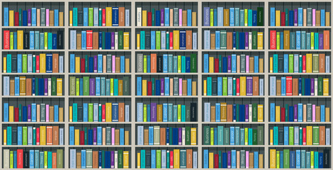 Colorful books on the shelves stacked with shadows. © intararit