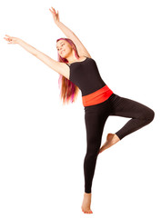 Obraz premium Young dancing woman on white background