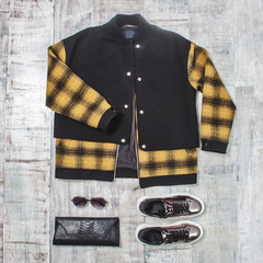 top view of fashion cloth, squared jacket and accessories