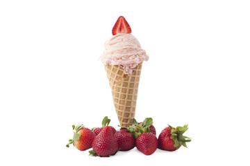strawberry ice cream in sugar cone