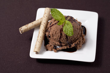 plate of ice cream with wafer roll, syrup and mint
