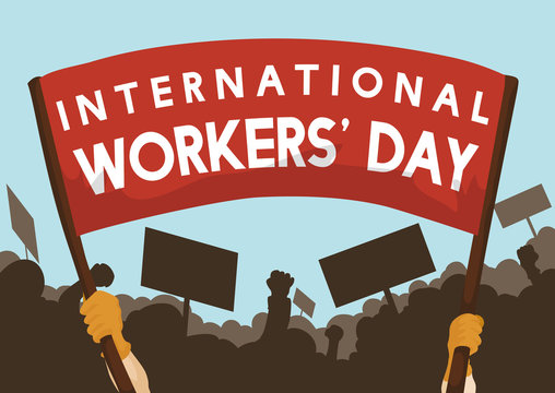 Crowd Marching in Workers' Day Celebration, Vector Illustration