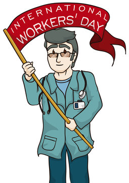 Doctor Celebrating Workers' Day with a Long Flag, Vector Illustration