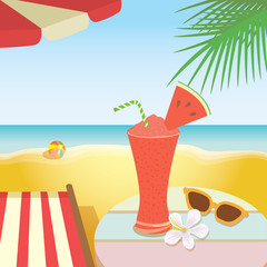 Illustration of summer drink  banner.Watermelon juice smoothie put on the table with shoe flower and sunglasses ,deck chair,umbrella,palm on the shore sea, beach background.