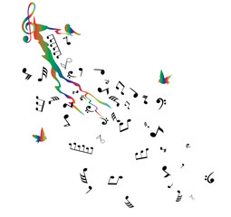 vector illustration of a tree branch with musical notes and birds