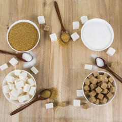 Cane and white sugar in a white bowls