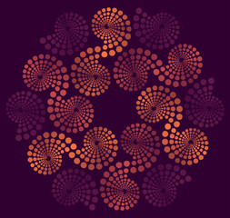 a rosette of dots spirals in purple and orange
