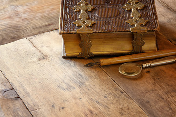 top view of antique book cover, with brass clasps