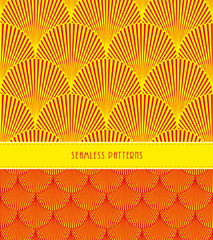 2 feathers or fish scales Japanese style seamless patterns, in yellow and red