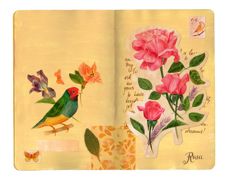 Vintage collage in open sketchbook with watercolor bird and rose