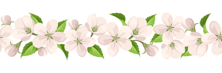 Vector horizontal seamless background with apple blossoms and green leaves on white. 