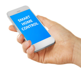 Smart home app installing on phone in hand. Smart home control concept.