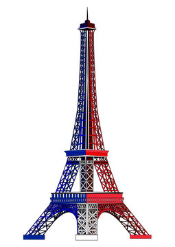 The Eiffel tower, painted in colors of the national flag of France. Vector illustration. Isolated on white