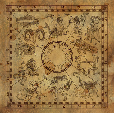 Collage with zodiac symbols and constellations on paper background