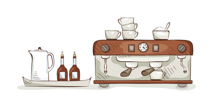 Equipment and dishes for coffee, vector illustration