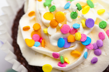 cropped image of colorful sprinkles on cupcake.