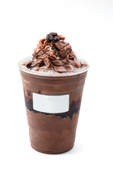 Iced chocolate with coffee bean in takeaway cup on white backgro