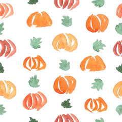 Seamless pattern with  ripe and green pumpkins and leaves in watercolors.