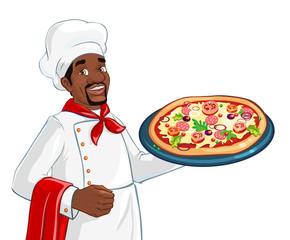 African american chef holding pizza. Plate with pizza. Ingredients as cheese, mushroom, tomatoes, greens. Fresh and delicious.