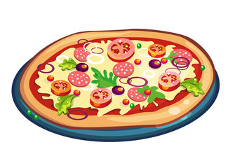 Pizza on white background. Ingredients are dough, tomatoes, mushrooms, olives and more. Fresh hot and delicious. 