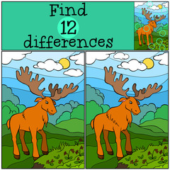 Children games: Find differences. Cute kind elk stands in the clearing and looks at the berries.