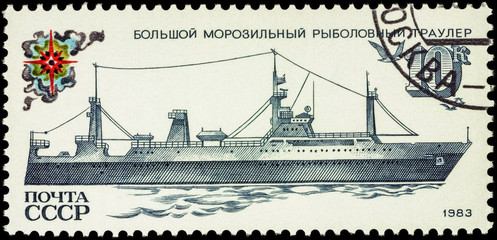 Deep sea trawler on postage stamp