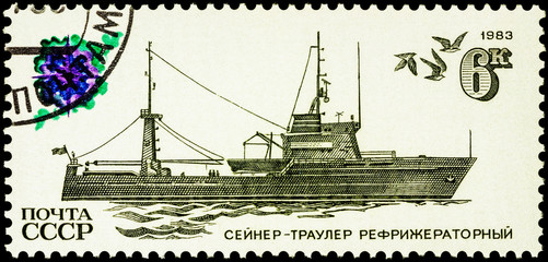 Refrigerated trawler on postage stamp