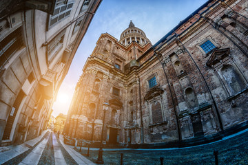 Ancient palaces and St. Gaudenzio basilica dome, Novara, Piedmont, Italy.  Toning