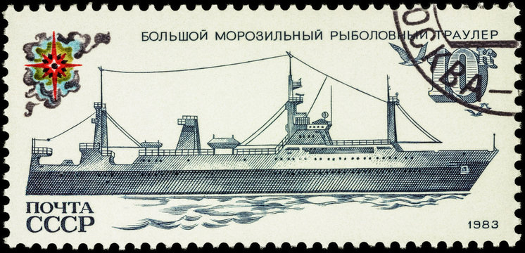 Deep sea trawler on postage stamp