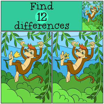 Children games: Find differences. Little cute monkey hangs on the liana and holds a flower.