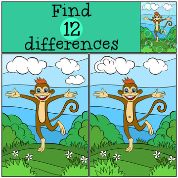 Children games: Find differences. Little cute monkey runs and smiles.