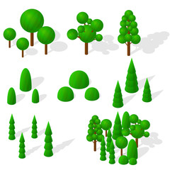 Isometric trees, firs and shrubs. The green vegetation.