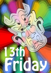 Friday 13th, 13 Friday, unlucky day with devil head on psychedelic colorful background. Devil symbol of evil and misfortune, terrible devil head