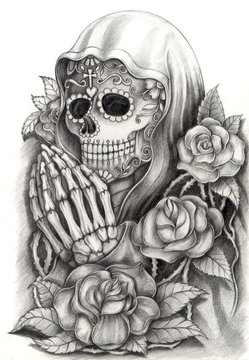 Skull art day of the dead.Design skull action smiley face day of the dead festival hand pencil drawing on paper.