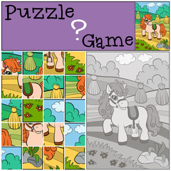 Children games: Puzzle. Little cute pony stands in the field and smiles.