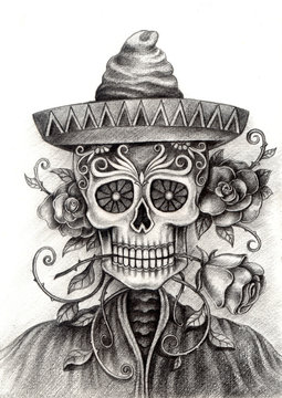 Skull art day of the dead.Design skull in love action smiley face day of the dead festival hand pencil drawing on paper.