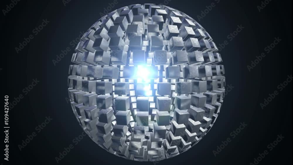 Poster seamless looping background with a sphere of silver cubes including alpha matte